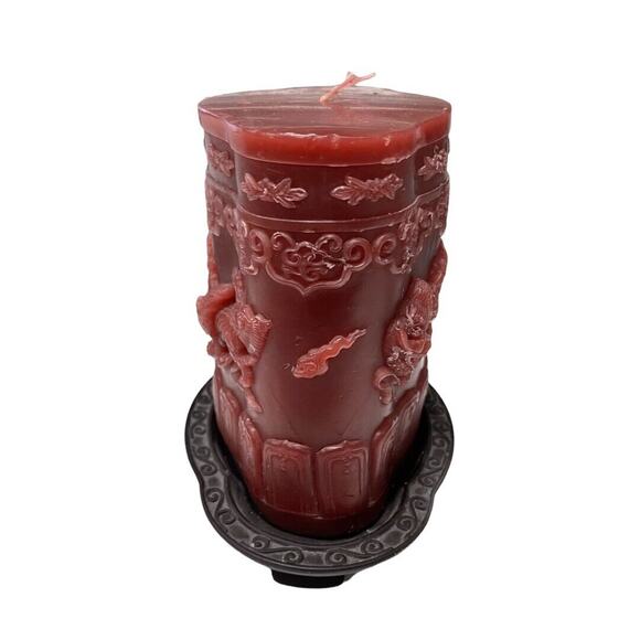 Vintage Wine Red Chinese Dragon Candle on Stand - Picture 4 of 8